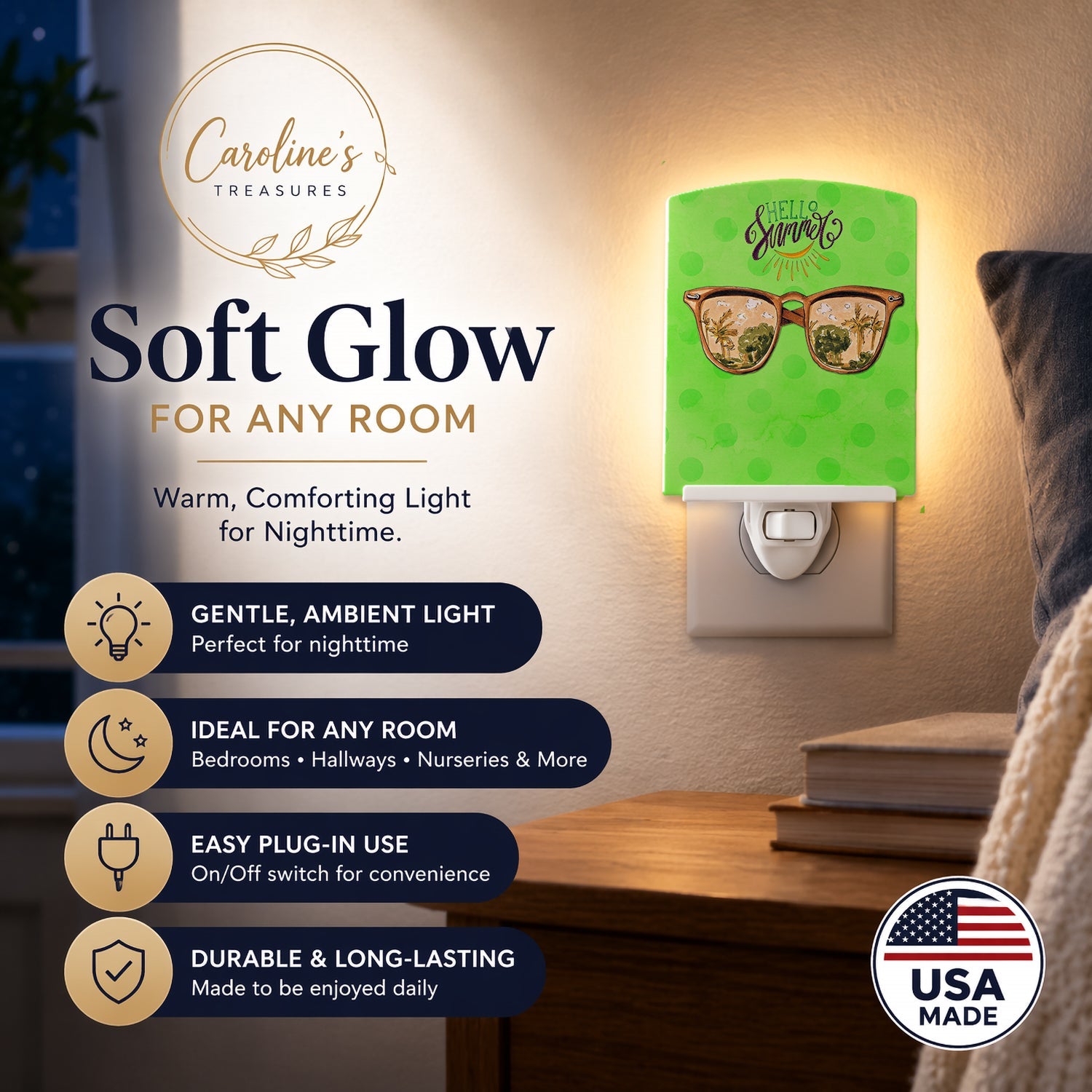 Beach Sunglasses Green Polkadot Ceramic Night Light Compact, UL-Certified, Ideal for Bedroom, Bathroom, Nursery, Hallway, Kitchen, 6x4x3, Multicolor