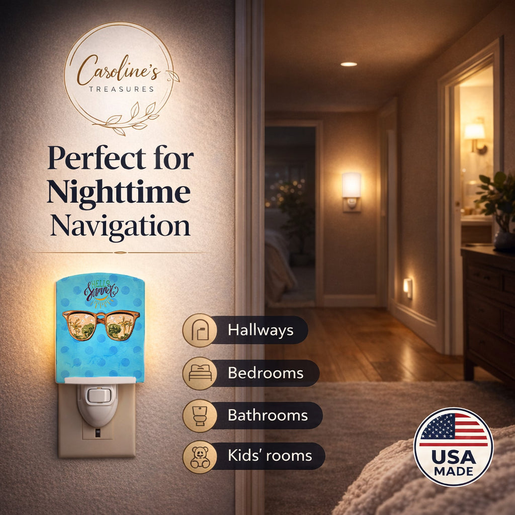 Beach Sunglasses Blue Polkadot Ceramic Night Light Compact, UL-Certified, Ideal for Bedroom, Bathroom, Nursery, Hallway, Kitchen, 6x4x3, Multicolor