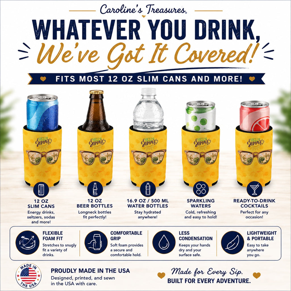 Beach Sunglasses Yellow Polkadot Slim Can Hugger  Insulated Foam Sleeve for 12 oz Slim Cans, Beer Bottles & Water Bottles, Made in USA
