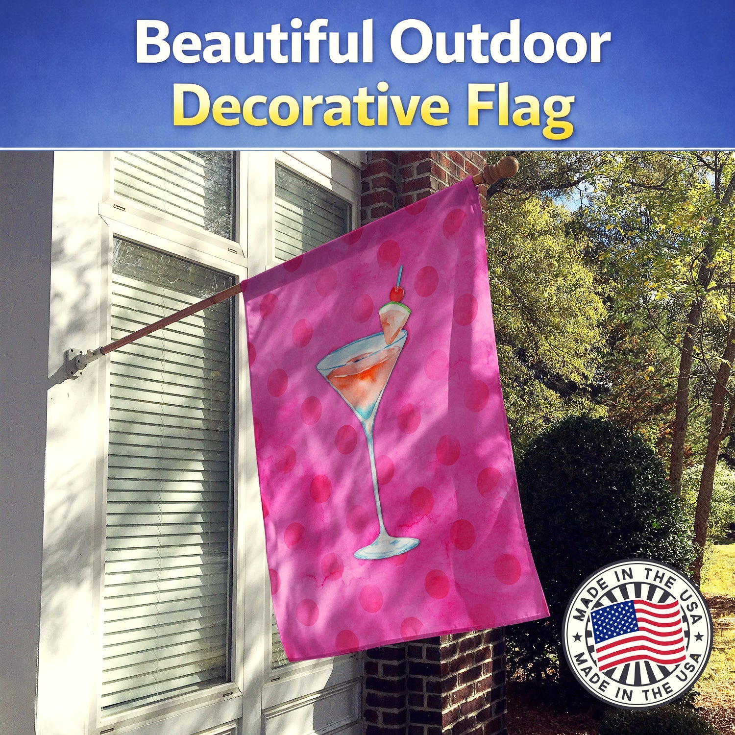 Summer Martini Pink Polkadot House Flag 28x40 Porch Sleeve Pole Decorative Outside Yard Banner Artwork Wall Hanging, Polyester