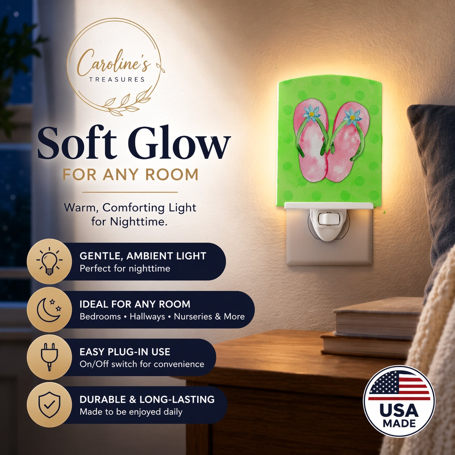 Pink Flip Flops Green Polkadot Ceramic Night Light Compact, UL-Certified, Ideal for Bedroom, Bathroom, Nursery, Hallway, Kitchen, 6x4x3, Multicolor
