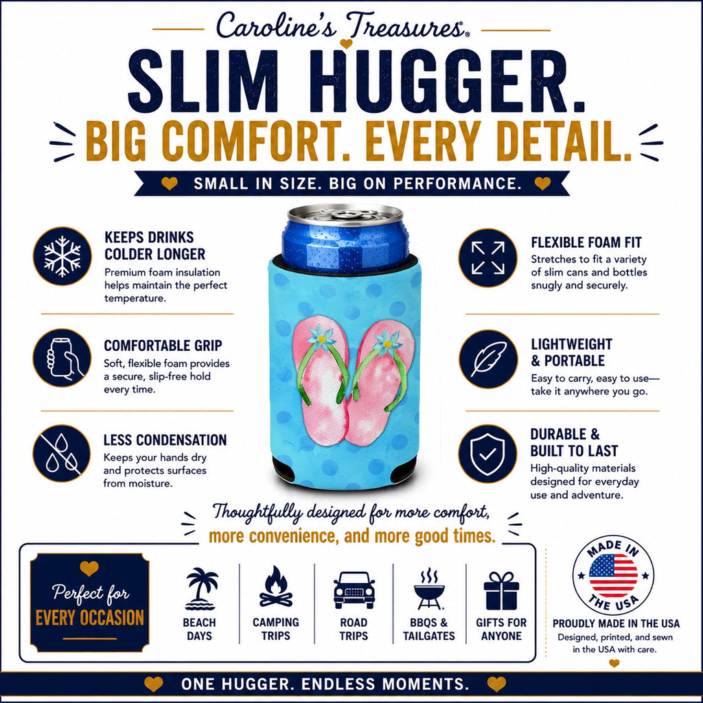 Pink Flip Flops Blue Polkadot Slim Can Hugger  Insulated Foam Sleeve for 12 oz Slim Cans, Beer Bottles & Water Bottles, Made in USA