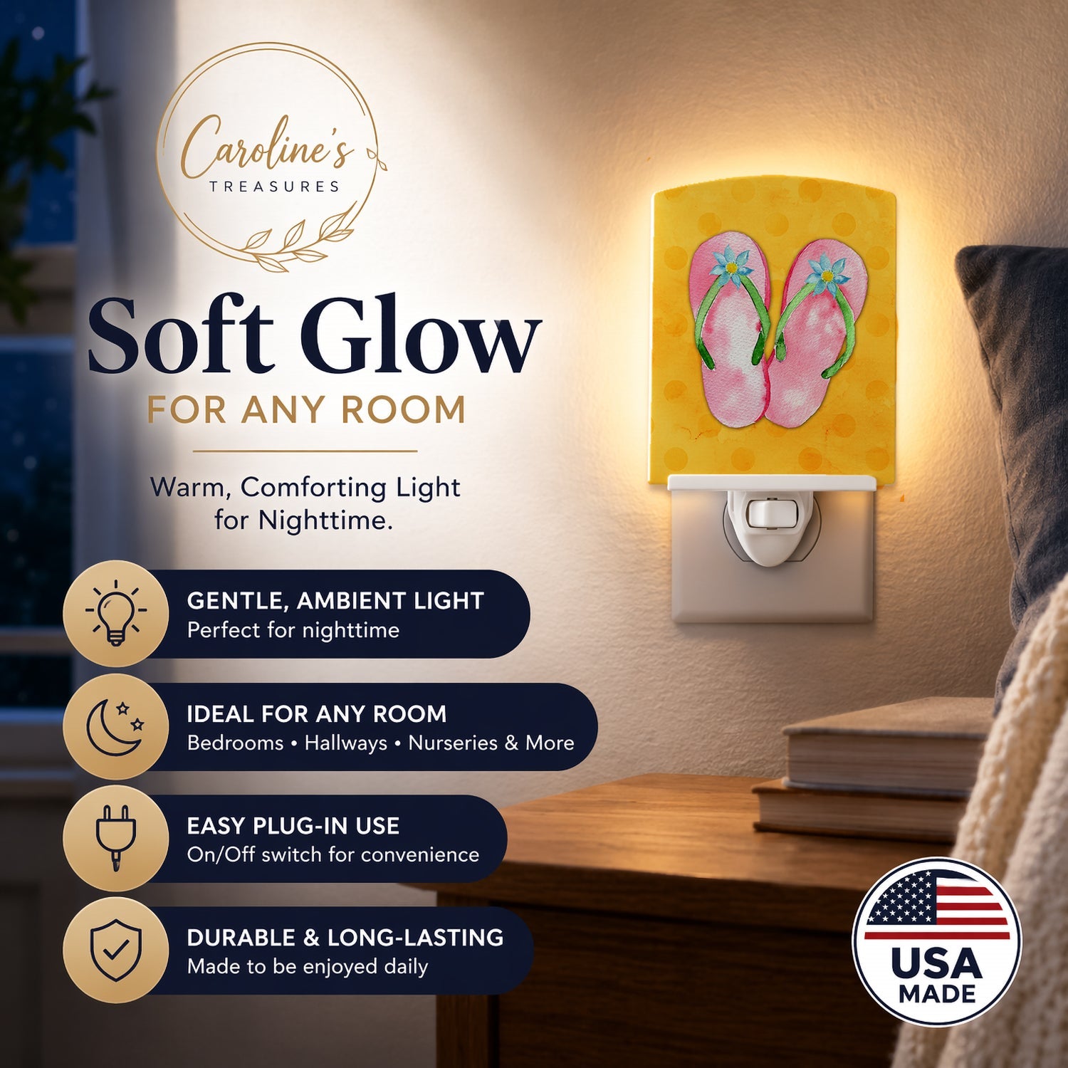 Pink Flip Flops Yellow Polkadot Ceramic Night Light Compact, UL-Certified, Ideal for Bedroom, Bathroom, Nursery, Hallway, Kitchen, 6x4x3, Multicolor