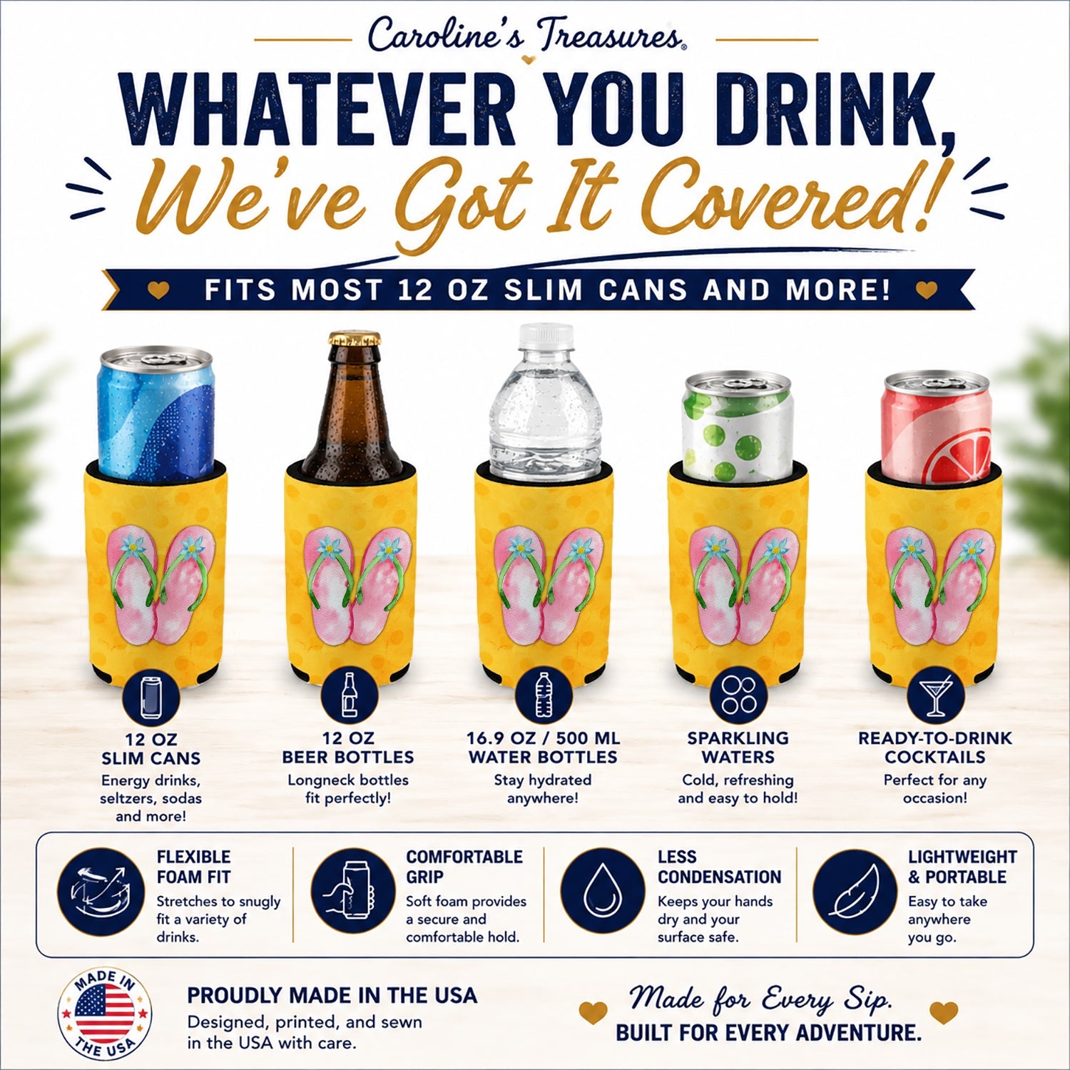 Pink Flip Flops Yellow Polkadot Slim Can Hugger  Insulated Foam Sleeve for 12 oz Slim Cans, Beer Bottles & Water Bottles, Made in USA