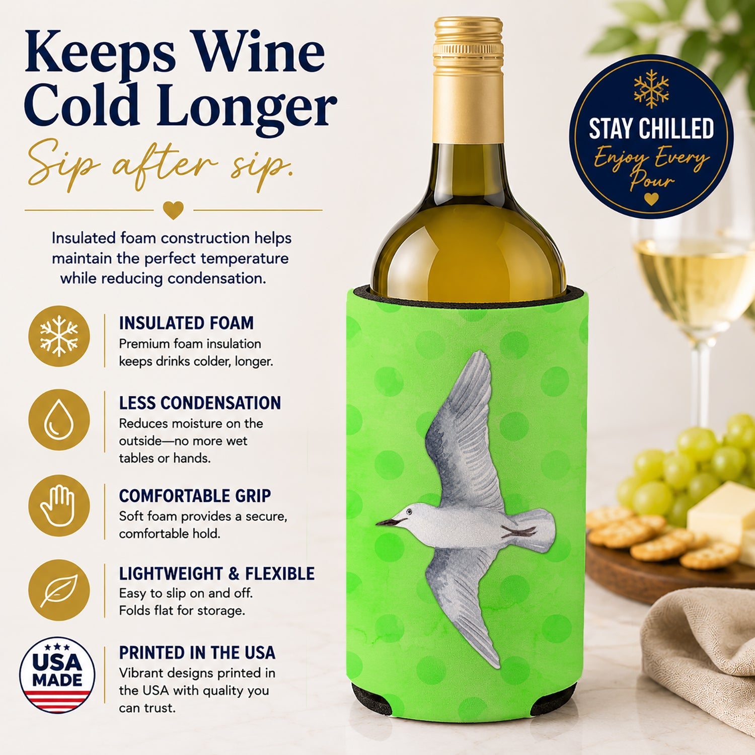 Sea Gull Green Polkadot Wine Bottle Hugger Gift Sleeve for Standard 750 ml Bottles, Insulated Reusable Fits Mini Shot & Pint Bottles