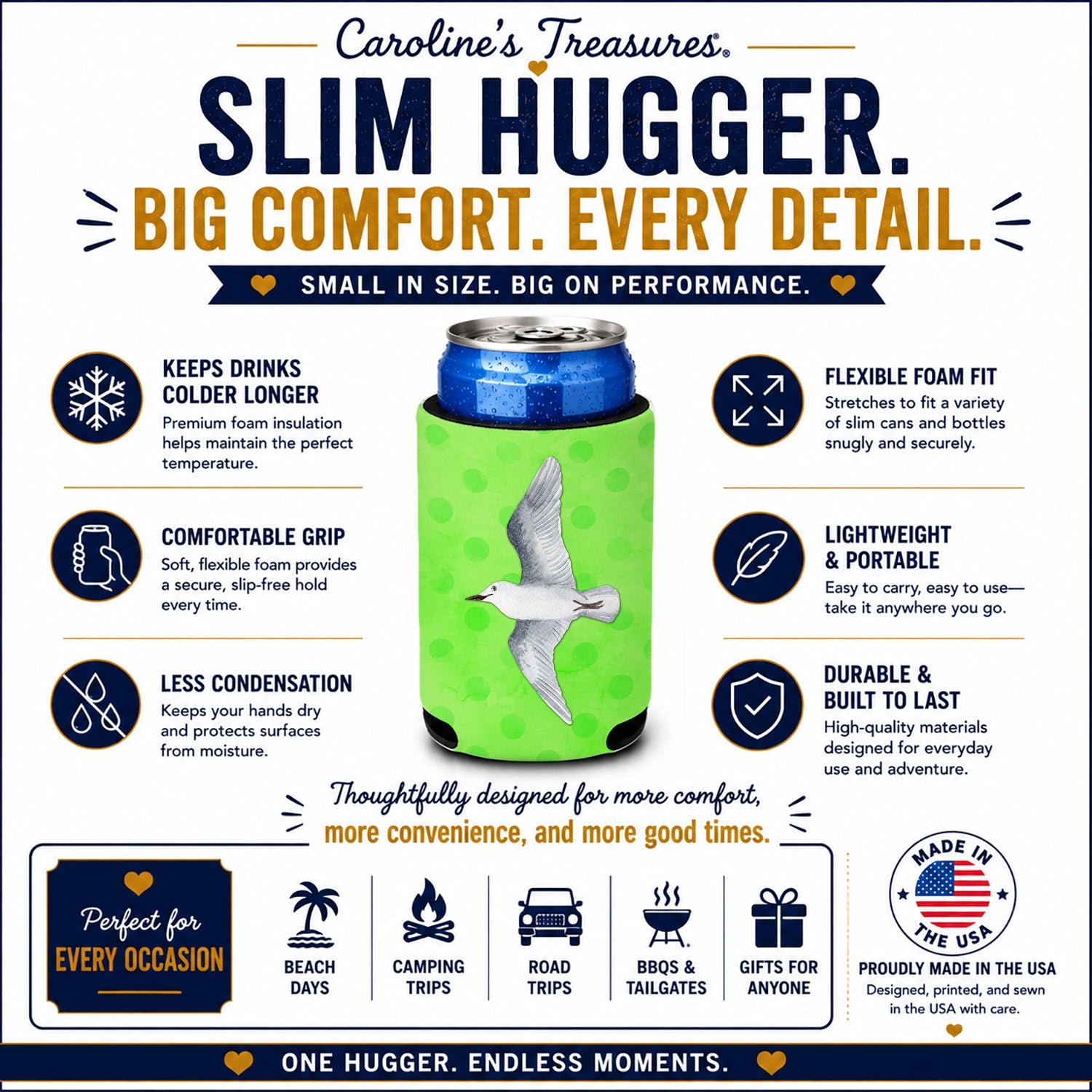 Sea Gull Green Polkadot Slim Can Hugger  Insulated Foam Sleeve for 12 oz Slim Cans, Beer Bottles & Water Bottles, Made in USA