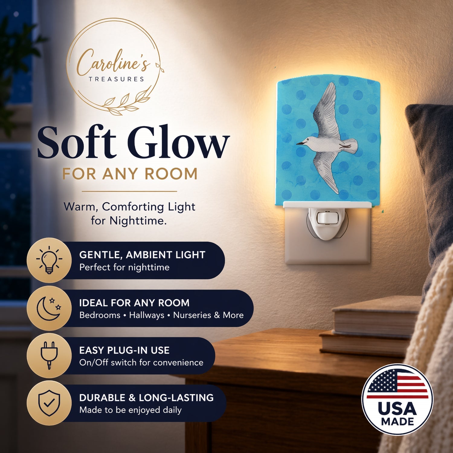 Sea Gull Blue Polkadot Ceramic Night Light Compact, UL-Certified, Ideal for Bedroom, Bathroom, Nursery, Hallway, Kitchen, 6x4x3, Multicolor