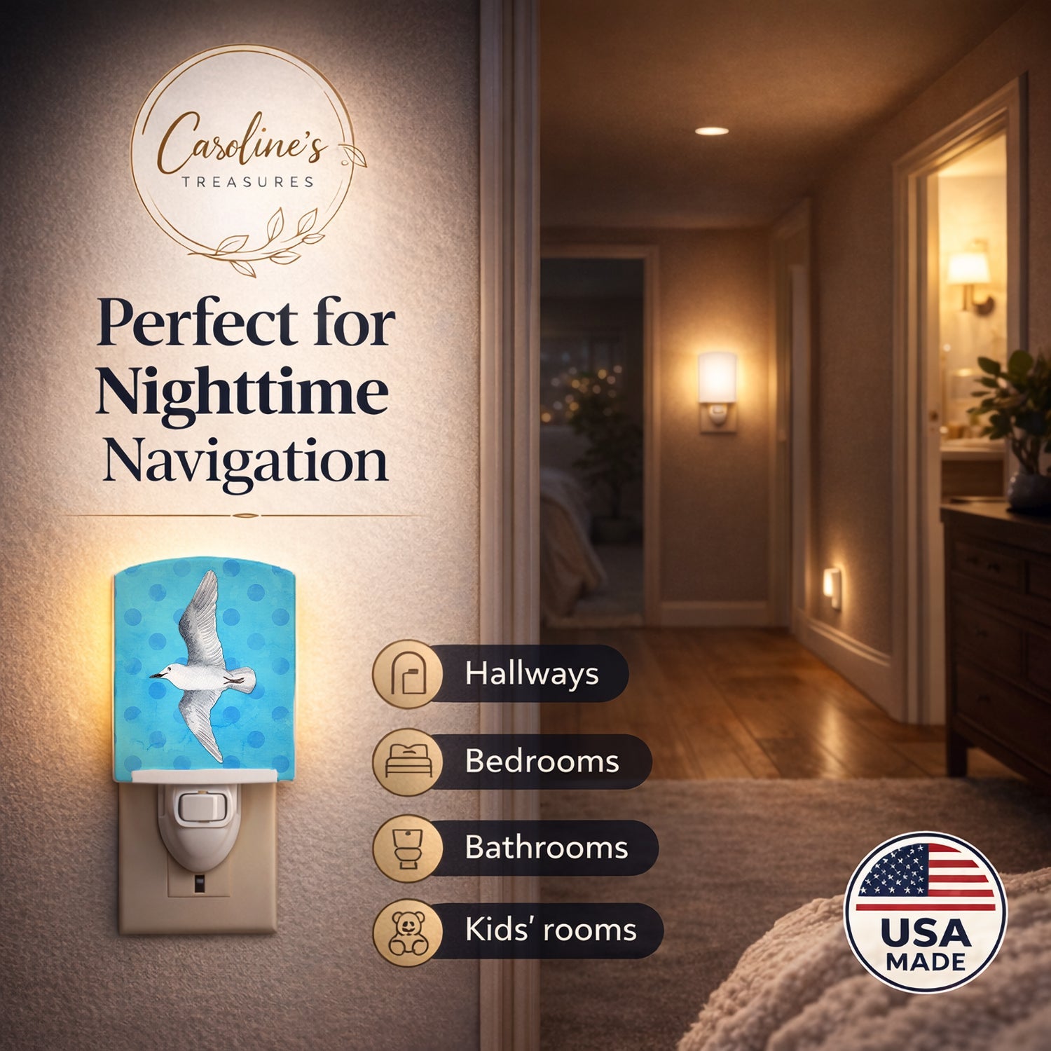 Sea Gull Blue Polkadot Ceramic Night Light Compact, UL-Certified, Ideal for Bedroom, Bathroom, Nursery, Hallway, Kitchen, 6x4x3, Multicolor