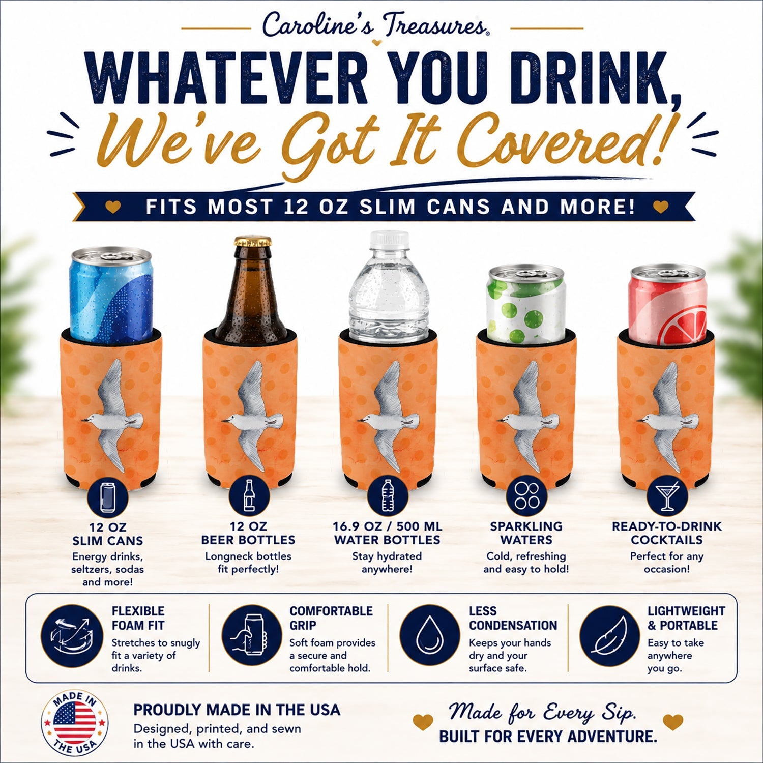 Sea Gull Orange Polkadot Slim Can Hugger  Insulated Foam Sleeve for 12 oz Slim Cans, Beer Bottles & Water Bottles, Made in USA