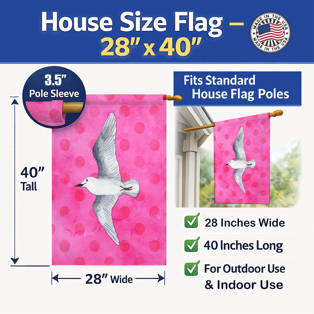 Sea Gull Pink Polkadot House Flag 28x40 Porch Sleeve Pole Decorative Outside Yard Banner Artwork Wall Hanging, Polyester