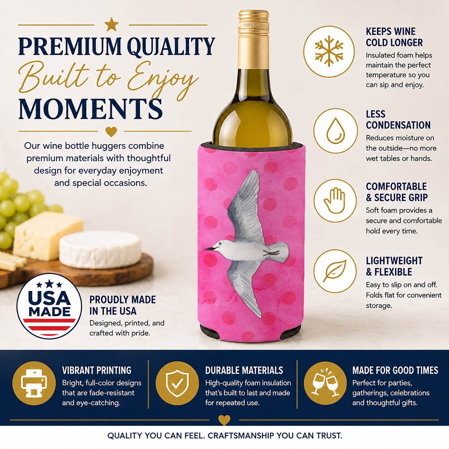 Sea Gull Pink Polkadot Wine Bottle Hugger Gift Sleeve for Standard 750 ml Bottles, Insulated Reusable Fits Mini Shot & Pint Bottles