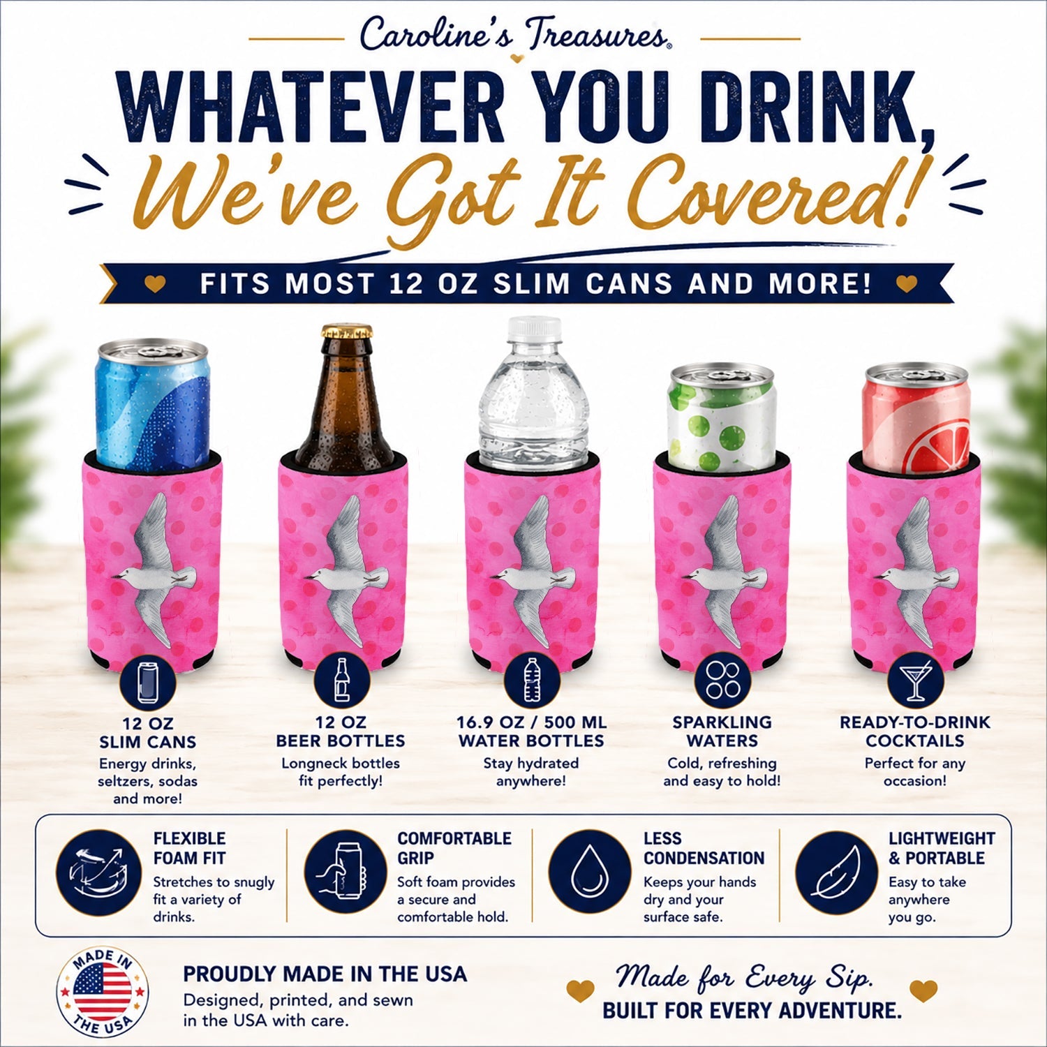 Sea Gull Pink Polkadot Slim Can Hugger  Insulated Foam Sleeve for 12 oz Slim Cans, Beer Bottles & Water Bottles, Made in USA