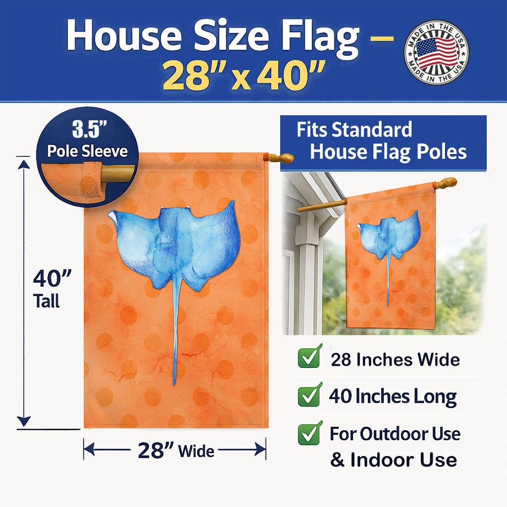 Sting Ray Orange Polkadot House Flag 28x40 Porch Sleeve Pole Decorative Outside Yard Banner Artwork Wall Hanging, Polyester