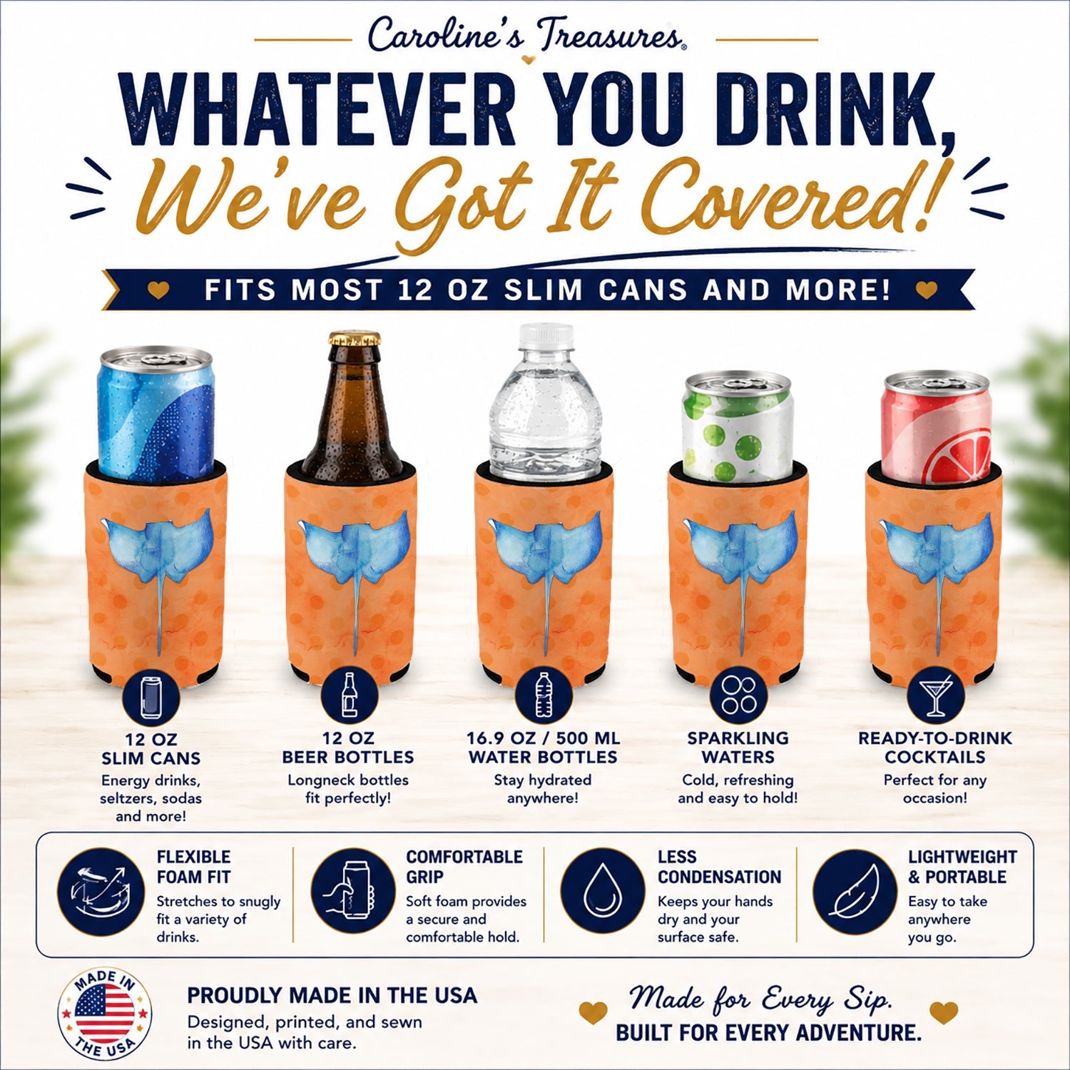 Sting Ray Orange Polkadot Slim Can Hugger  Insulated Foam Sleeve for 12 oz Slim Cans, Beer Bottles & Water Bottles, Made in USA