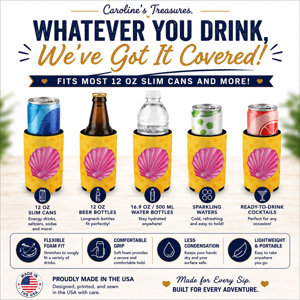 Pink Sea Shell Yellow Polkadot Slim Can Hugger  Insulated Foam Sleeve for 12 oz Slim Cans, Beer Bottles & Water Bottles, Made in USA
