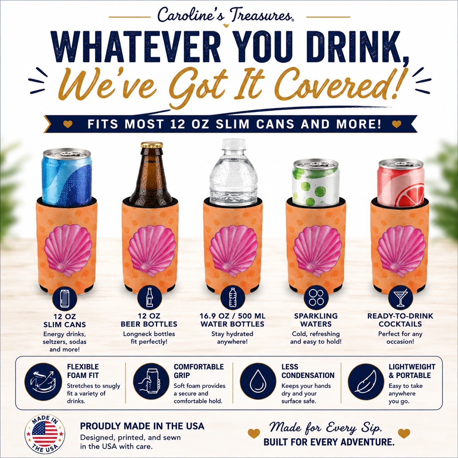 Pink Sea Shell Orange Polkadot Slim Can Hugger  Insulated Foam Sleeve for 12 oz Slim Cans, Beer Bottles & Water Bottles, Made in USA