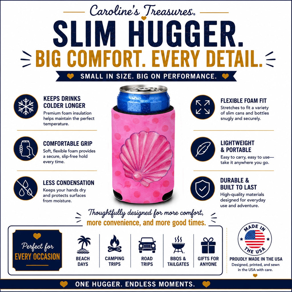 Pink Sea Shell Pink Polkadot Slim Can Hugger  Insulated Foam Sleeve for 12 oz Slim Cans, Beer Bottles & Water Bottles, Made in USA