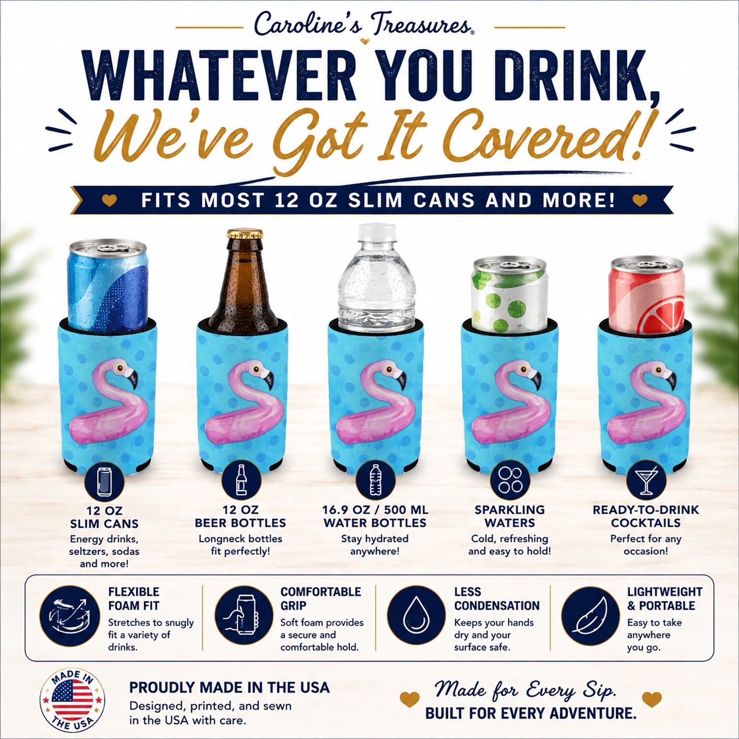 Flamingo Floaty Blue Polkadot Slim Can Hugger  Insulated Foam Sleeve for 12 oz Slim Cans, Beer Bottles & Water Bottles, Made in USA