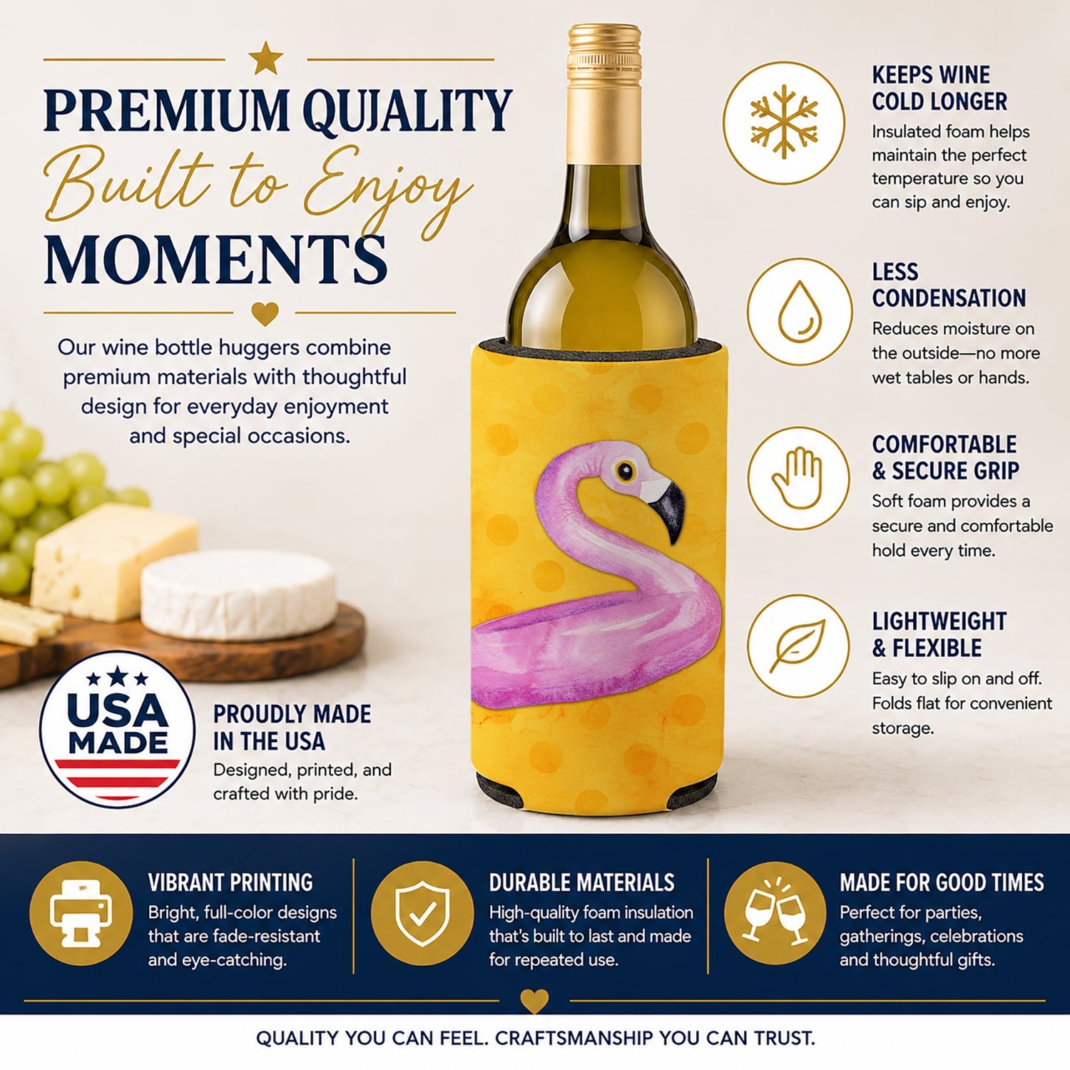 Flamingo Floaty Yellow Polkadot Wine Bottle Hugger Gift Sleeve for Standard 750 ml Bottles, Insulated Reusable Fits Mini Shot & Pint Bottles