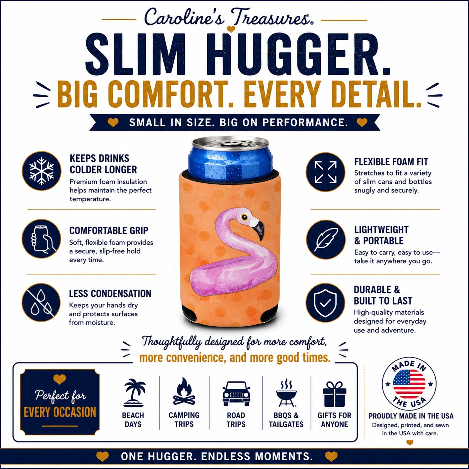 Flamingo Floaty Orange Polkadot Slim Can Hugger  Insulated Foam Sleeve for 12 oz Slim Cans, Beer Bottles & Water Bottles, Made in USA