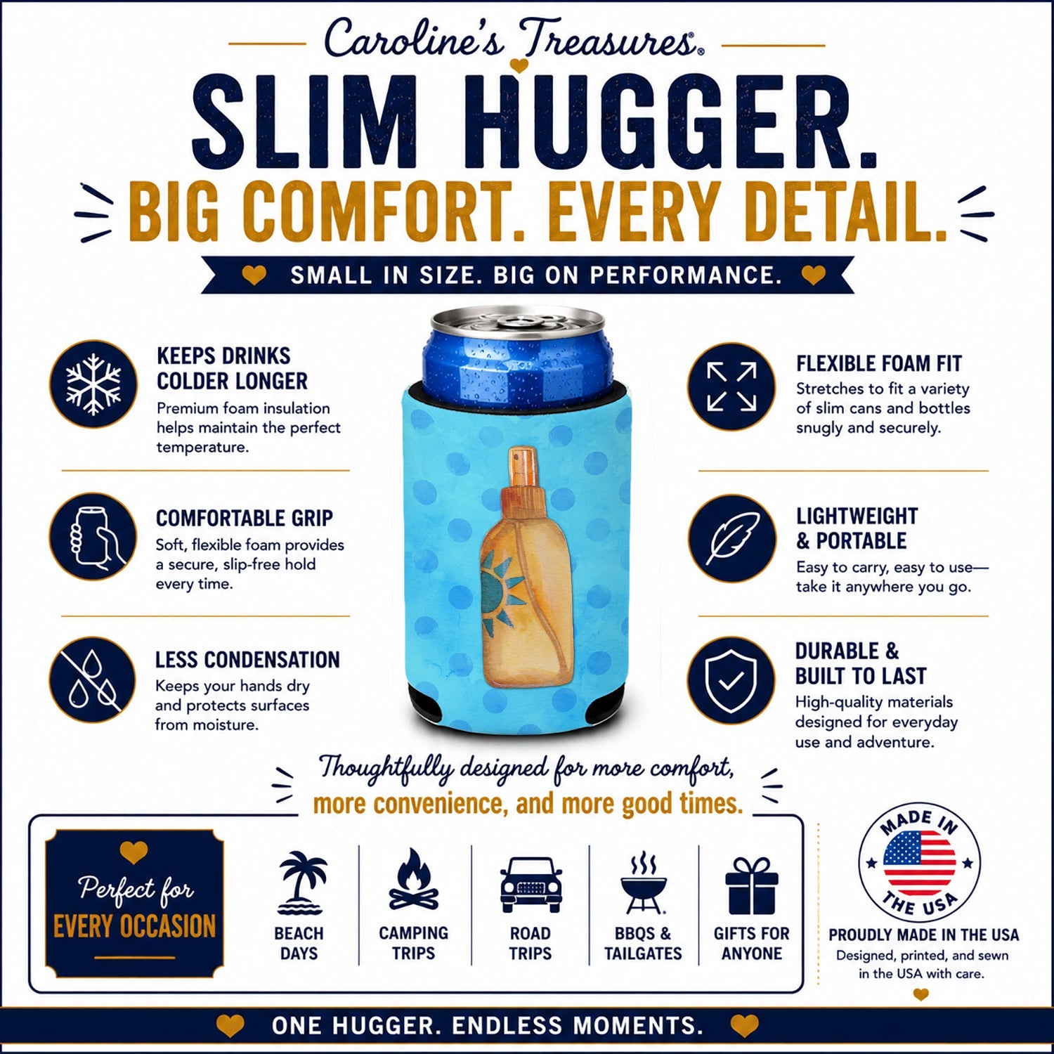 Message in a Bottle Blue Polkadot Slim Can Hugger  Insulated Foam Sleeve for 12 oz Slim Cans, Beer Bottles & Water Bottles, Made in USA