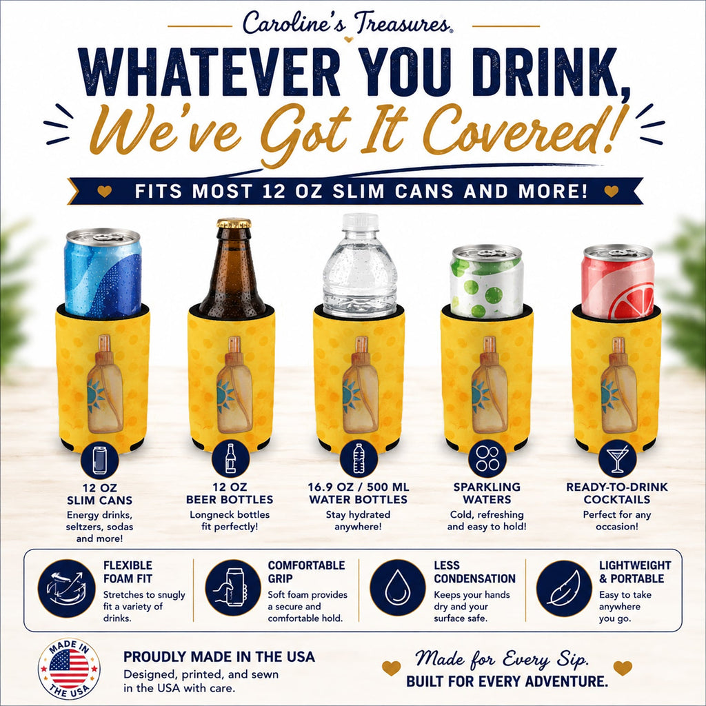 Message in a Bottle Yellow Polkadot Slim Can Hugger  Insulated Foam Sleeve for 12 oz Slim Cans, Beer Bottles & Water Bottles, Made in USA