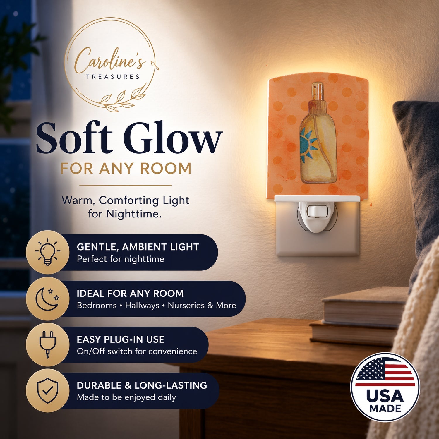 Message in a Bottle Orange Polkadot Ceramic Night Light Compact, UL-Certified, Ideal for Bedroom, Bathroom, Nursery, Hallway, Kitchen, 6x4x3, Multicolor