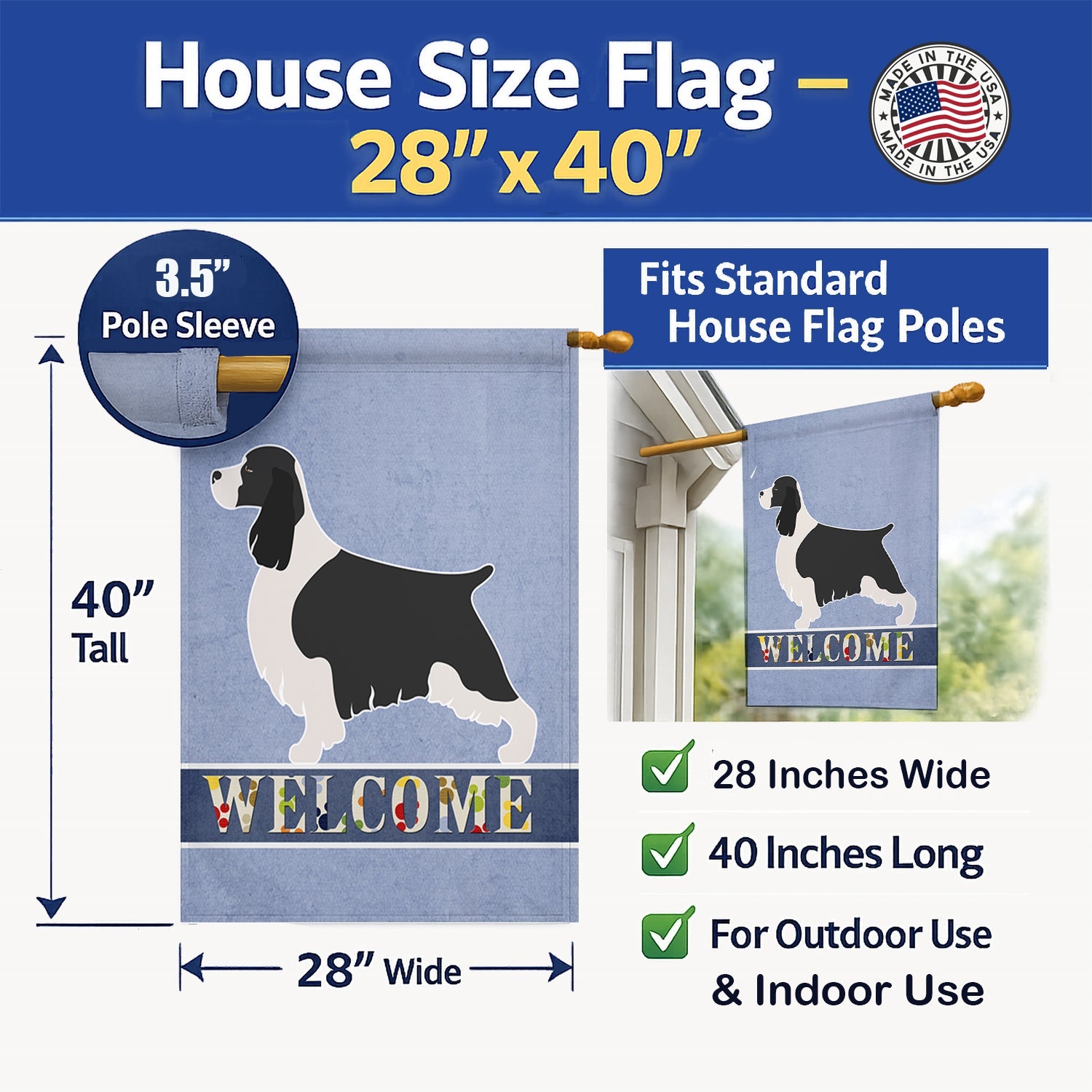 English Springer Spaniel Welcome House Flag 28x40 Porch Sleeve Pole Decorative Outside Yard Banner Artwork Wall Hanging, Polyester