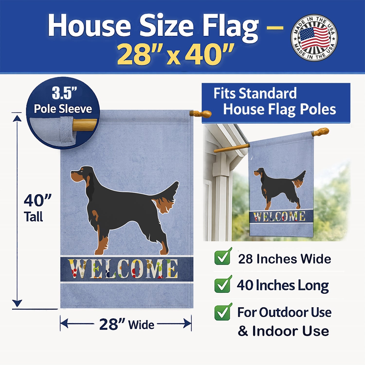 Gordon Setter Welcome House Flag 28x40 Porch Sleeve Pole Decorative Outside Yard Banner Artwork Wall Hanging, Polyester