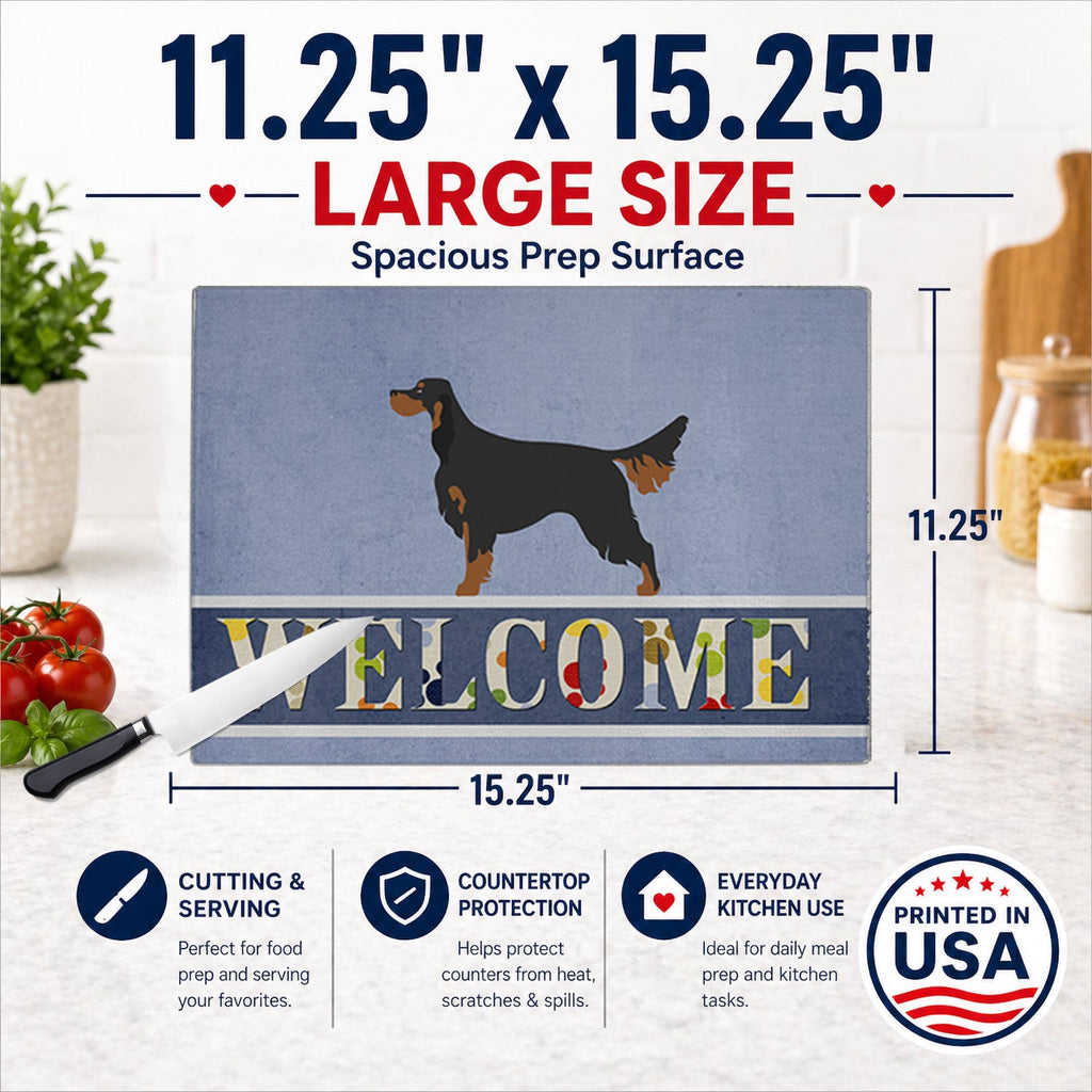 Gordon Setter Welcome Cutting Board Tempered Glass Kitchen Cutting Surface, Heat Resistant Chopping, Non-Slip Feet, Food Prep & Serving