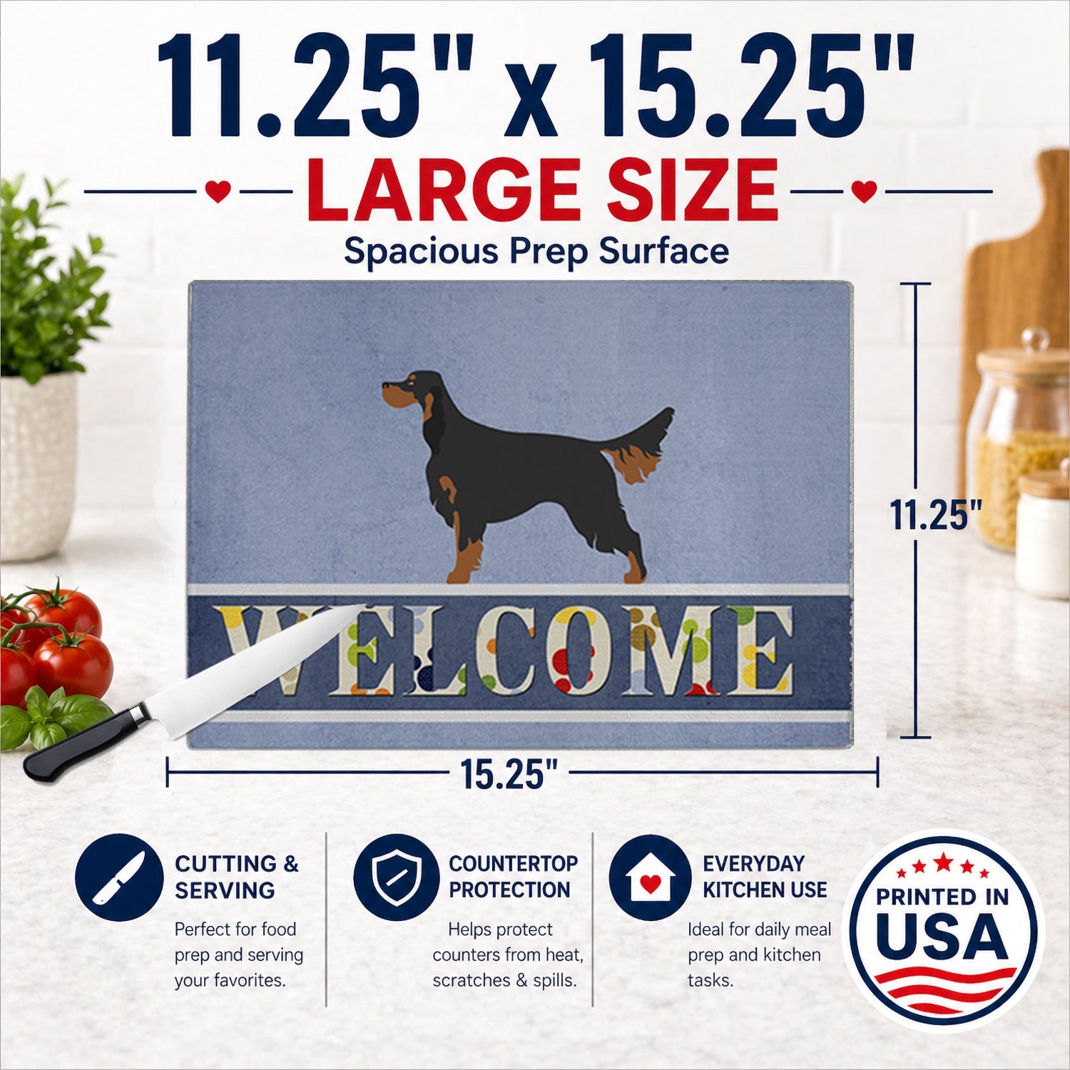 Gordon Setter Welcome Cutting Board Tempered Glass Kitchen Cutting Surface, Heat Resistant Chopping, Non-Slip Feet, Food Prep & Serving