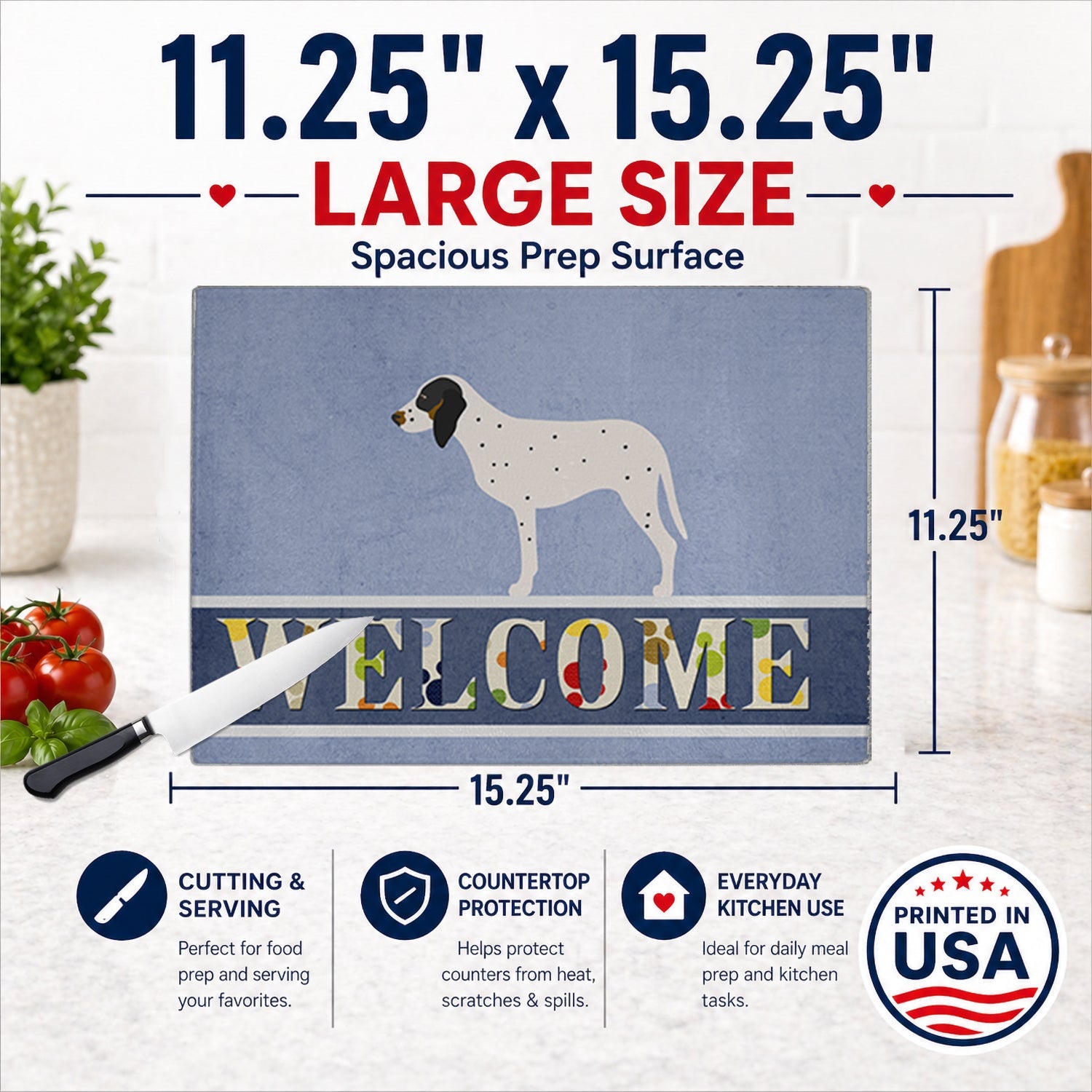 Gascon Saintongeois Welcome Cutting Board Tempered Glass Kitchen Cutting Surface, Heat Resistant Chopping, Non-Slip Feet, Food Prep & Serving