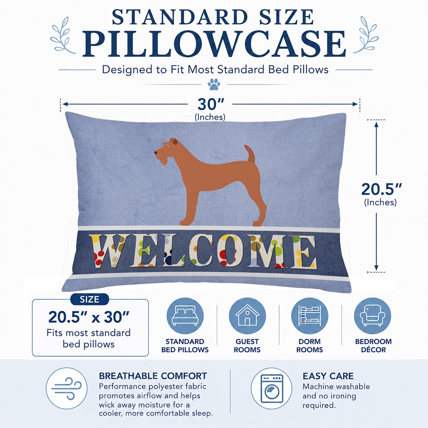 Irish Terrier Welcome Standard Pillowcase Lightweight Super Soft Easy Care Decorative Artwork Pillowcase, Standard