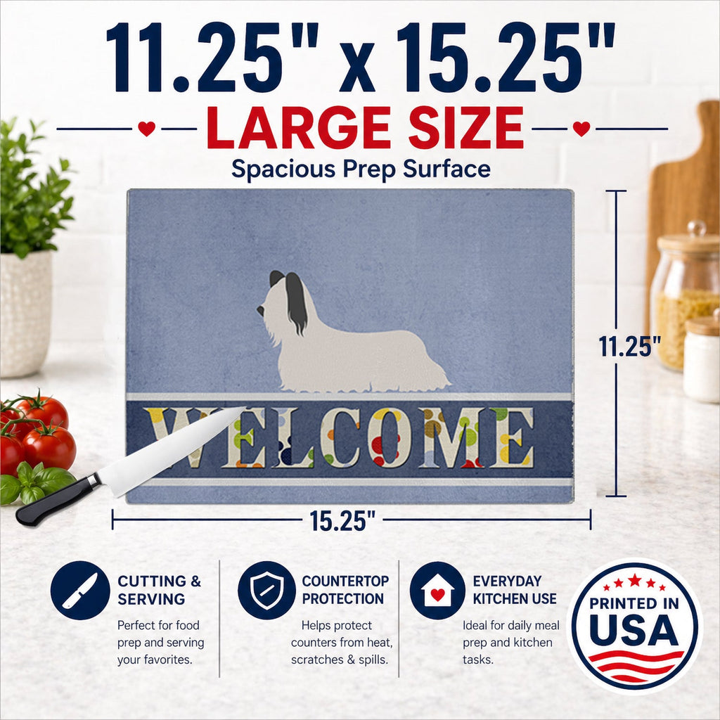 Skye Terrier Welcome Cutting Board Tempered Glass Kitchen Cutting Surface, Heat Resistant Chopping, Non-Slip Feet, Food Prep & Serving