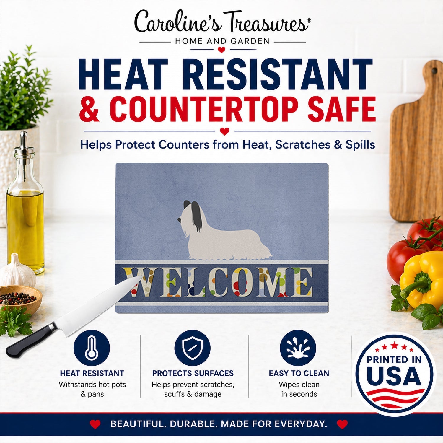 Skye Terrier Welcome Cutting Board Tempered Glass Kitchen Cutting Surface, Heat Resistant Chopping, Non-Slip Feet, Food Prep & Serving