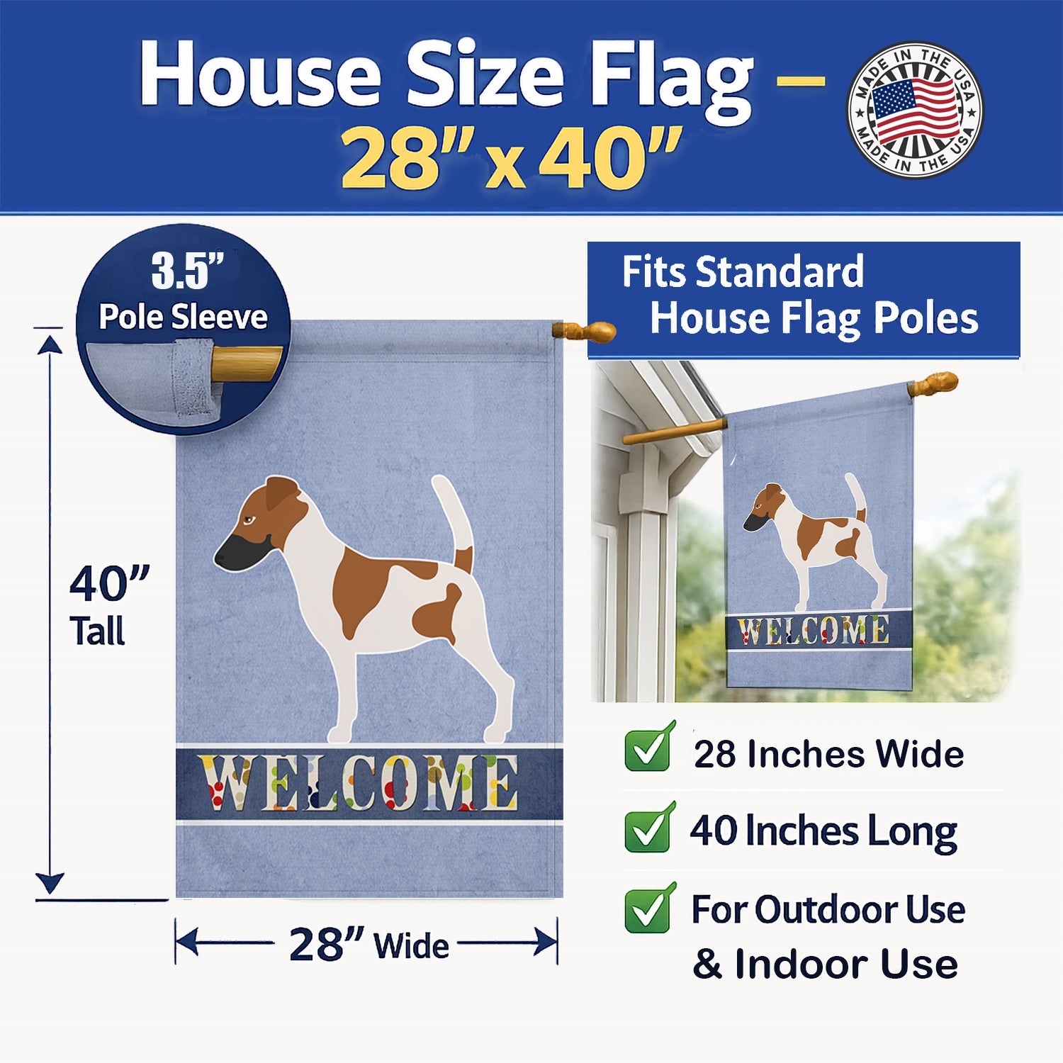 Smooth Fox Terrier Welcome House Flag 28x40 Porch Sleeve Pole Decorative Outside Yard Banner Artwork Wall Hanging, Polyester