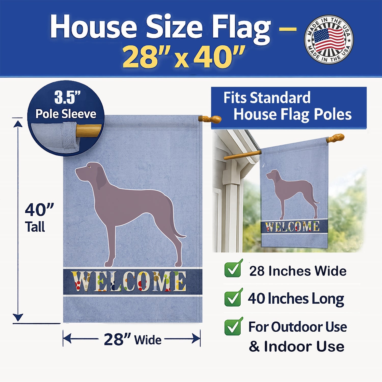 Weimaraner Welcome House Flag 28x40 Porch Sleeve Pole Decorative Outside Yard Banner Artwork Wall Hanging, Polyester