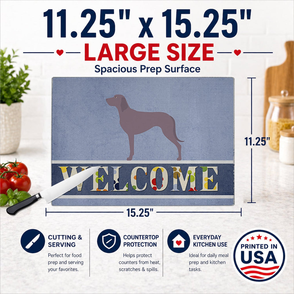 Weimaraner Welcome Cutting Board Tempered Glass Kitchen Cutting Surface, Heat Resistant Chopping, Non-Slip Feet, Food Prep & Serving