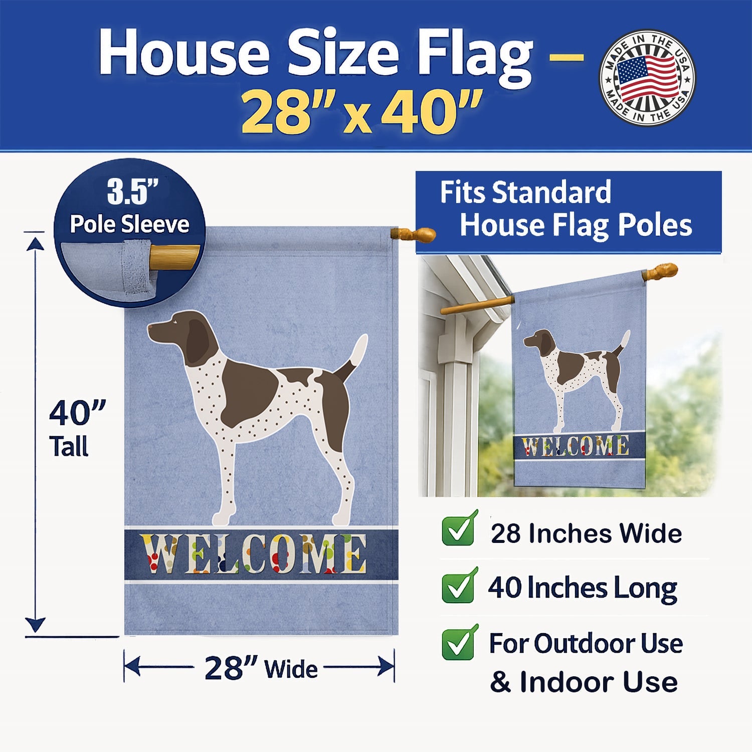 German Shorthaired Pointer Welcome House Flag 28x40 Porch Sleeve Pole Decorative Outside Yard Banner Artwork Wall Hanging, Polyester