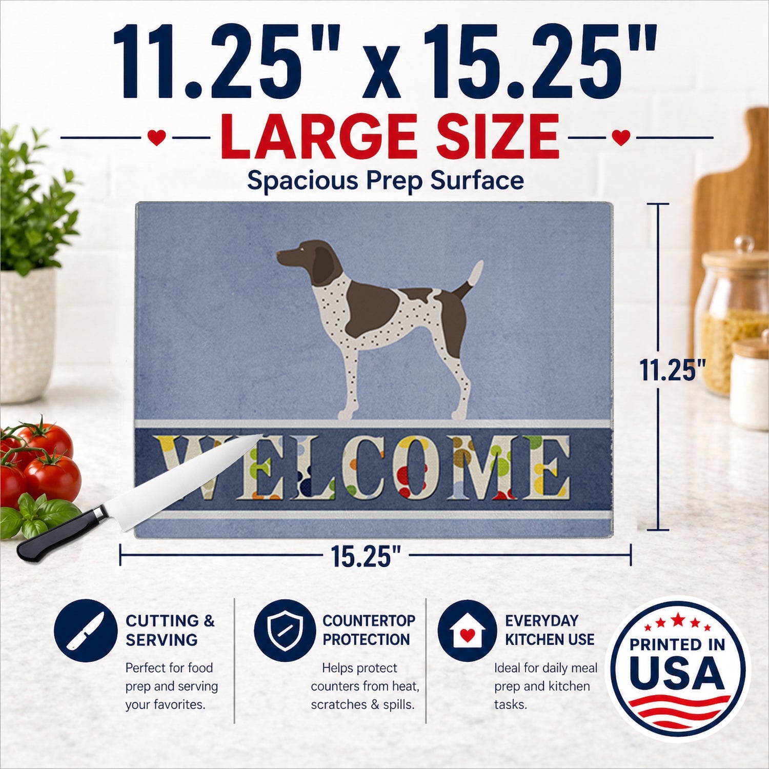 German Shorthaired Pointer Welcome Cutting Board Tempered Glass Kitchen Cutting Surface, Heat Resistant Chopping, Non-Slip Feet, Food Prep & Serving