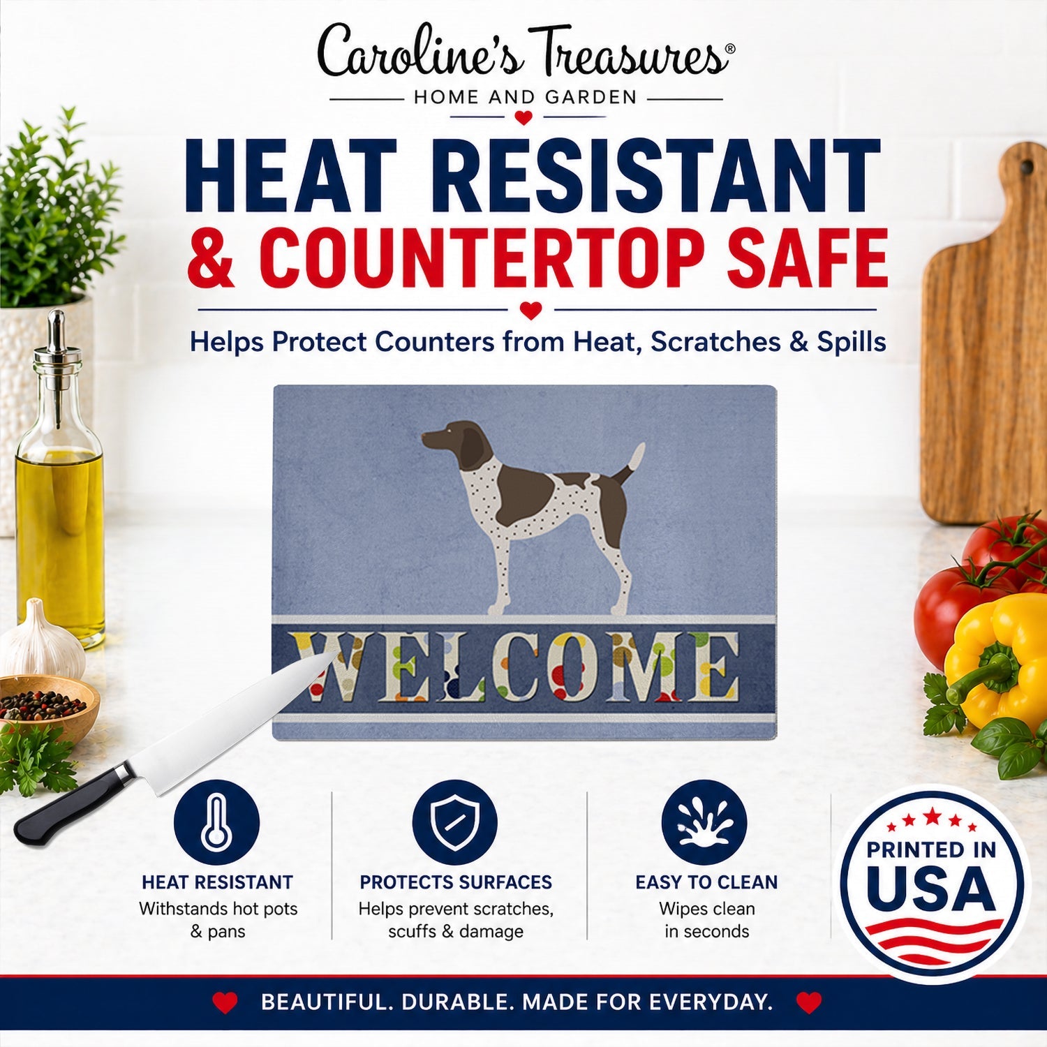 German Shorthaired Pointer Welcome Cutting Board Tempered Glass Kitchen Cutting Surface, Heat Resistant Chopping, Non-Slip Feet, Food Prep & Serving
