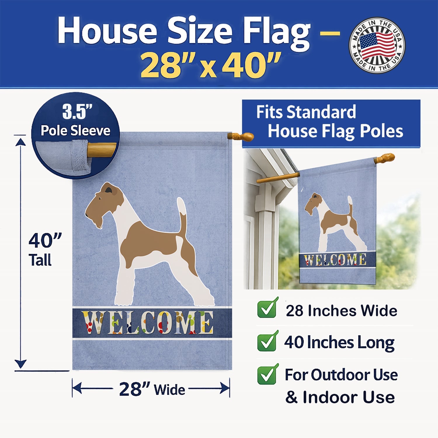 Wire Fox Terrier Welcome House Flag 28x40 Porch Sleeve Pole Decorative Outside Yard Banner Artwork Wall Hanging, Polyester