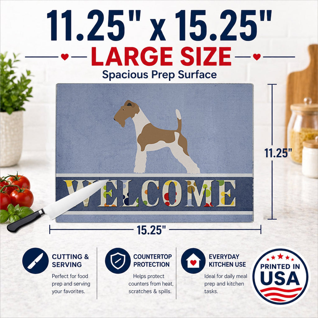 Wire Fox Terrier Welcome Cutting Board Tempered Glass Kitchen Cutting Surface, Heat Resistant Chopping, Non-Slip Feet, Food Prep & Serving