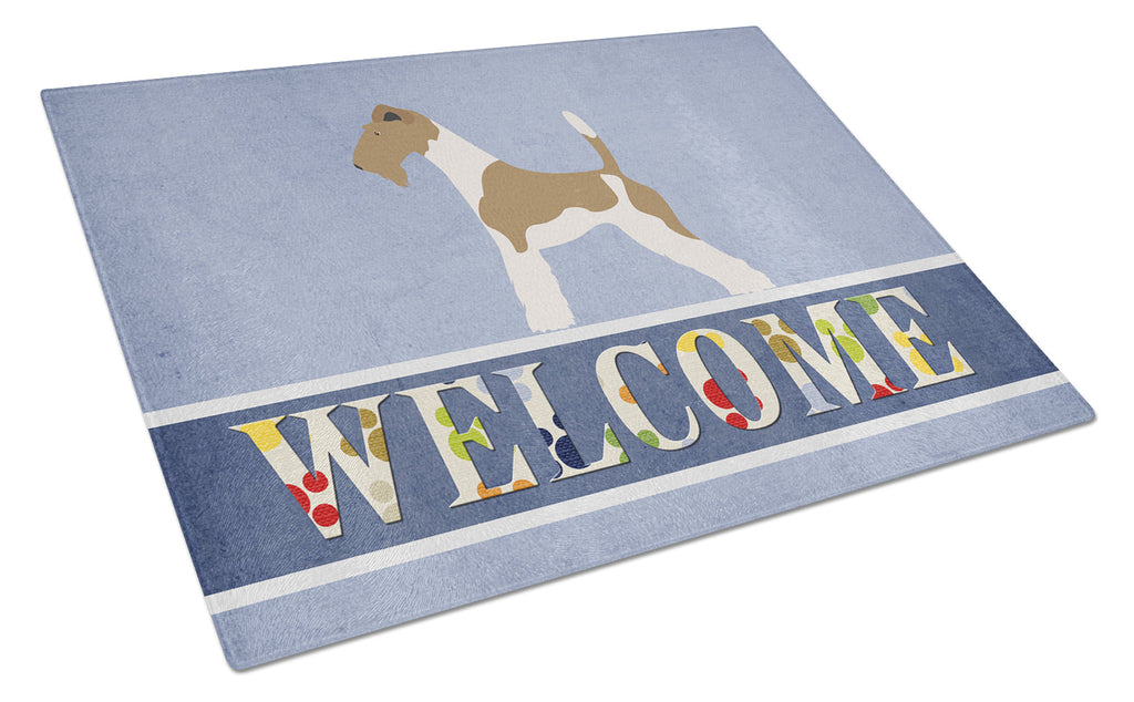 Wire Fox Terrier Welcome Cutting Board Tempered Glass Kitchen Cutting Surface, Heat Resistant Chopping, Non-Slip Feet, Food Prep & Serving