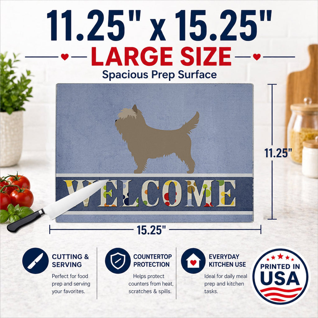 Cairn Terrier Welcome Cutting Board Tempered Glass Kitchen Cutting Surface, Heat Resistant Chopping, Non-Slip Feet, Food Prep & Serving