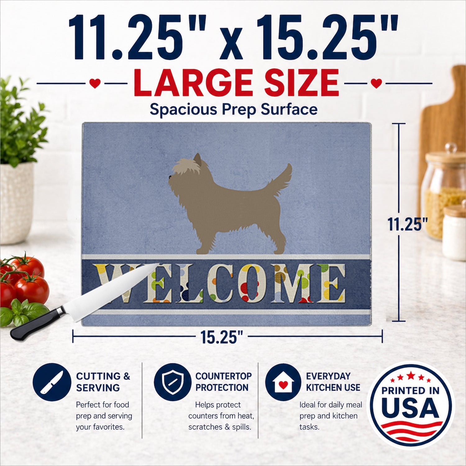 Cairn Terrier Welcome Cutting Board Tempered Glass Kitchen Cutting Surface, Heat Resistant Chopping, Non-Slip Feet, Food Prep & Serving