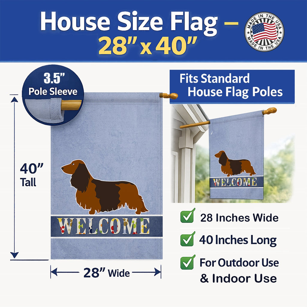 Longhaired Dachshund Welcome House Flag 28x40 Porch Sleeve Pole Decorative Outside Yard Banner Artwork Wall Hanging, Polyester