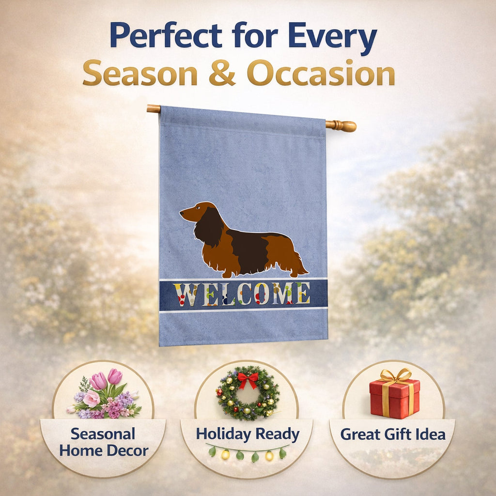 Longhaired Dachshund Welcome House Flag 28x40 Porch Sleeve Pole Decorative Outside Yard Banner Artwork Wall Hanging, Polyester