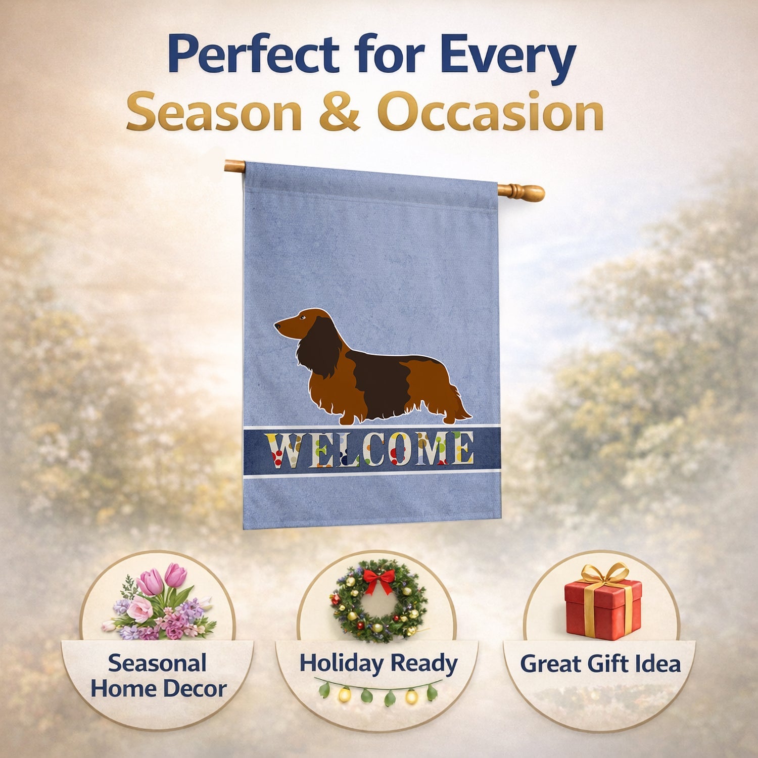 Longhaired Dachshund Welcome House Flag 28x40 Porch Sleeve Pole Decorative Outside Yard Banner Artwork Wall Hanging, Polyester