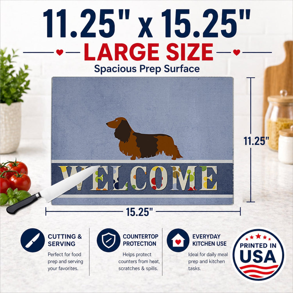 Longhaired Dachshund Welcome Cutting Board Tempered Glass Kitchen Cutting Surface, Heat Resistant Chopping, Non-Slip Feet, Food Prep & Serving
